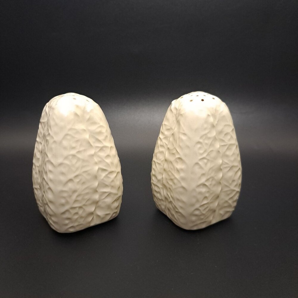 Vintage Ceramic Salt & Pepper Shaker Set Leaf Textured White Mid-Century